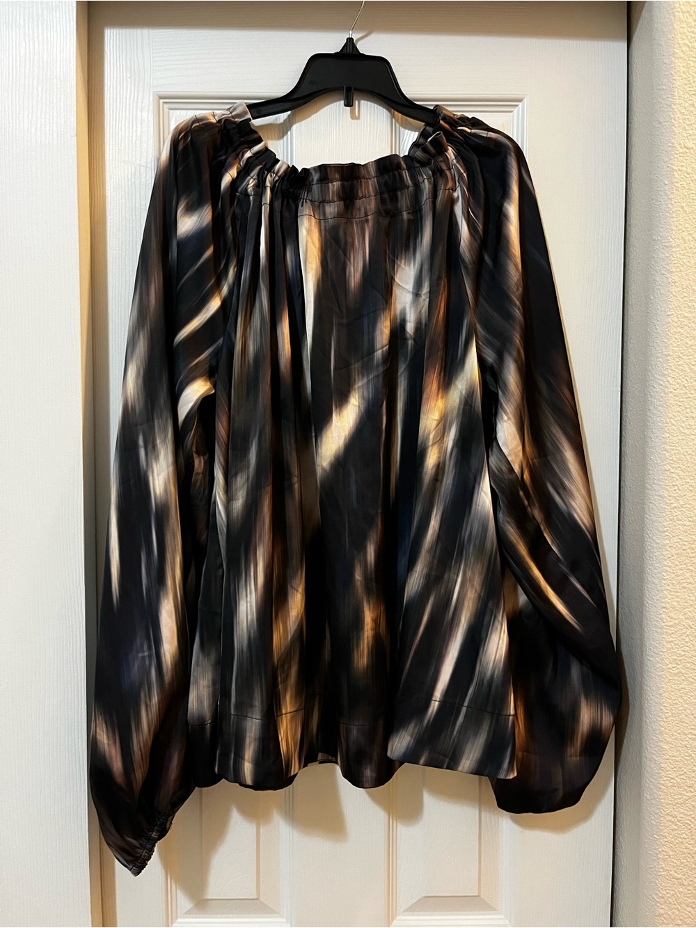 Black & Brown Tie Neck Satin Blouse with Abstract Brushstroke Print